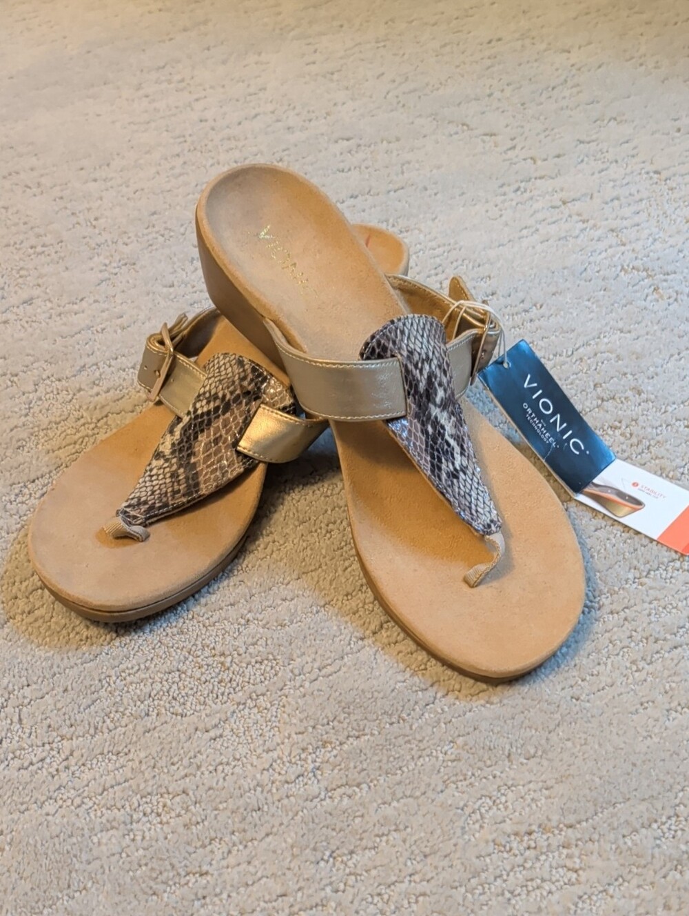 Vionic Women's Tan Snake-Print Thong Sandals with Buckle